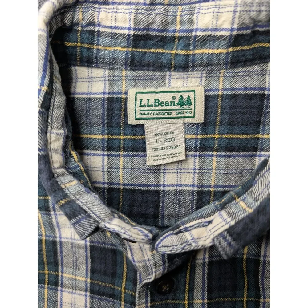 L.L. Bean Men's 100% Cotton Flannel Short Plaid Blue White Yellow Size Large Reg